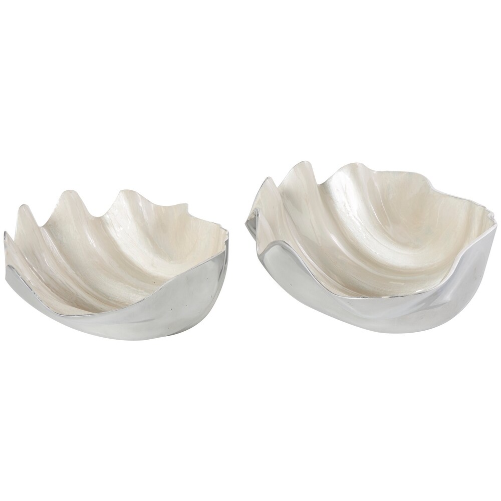 Blue or White Aluminum Enameled Shell Decorative Bowl with Silver Metal Exterior (Set of 2)