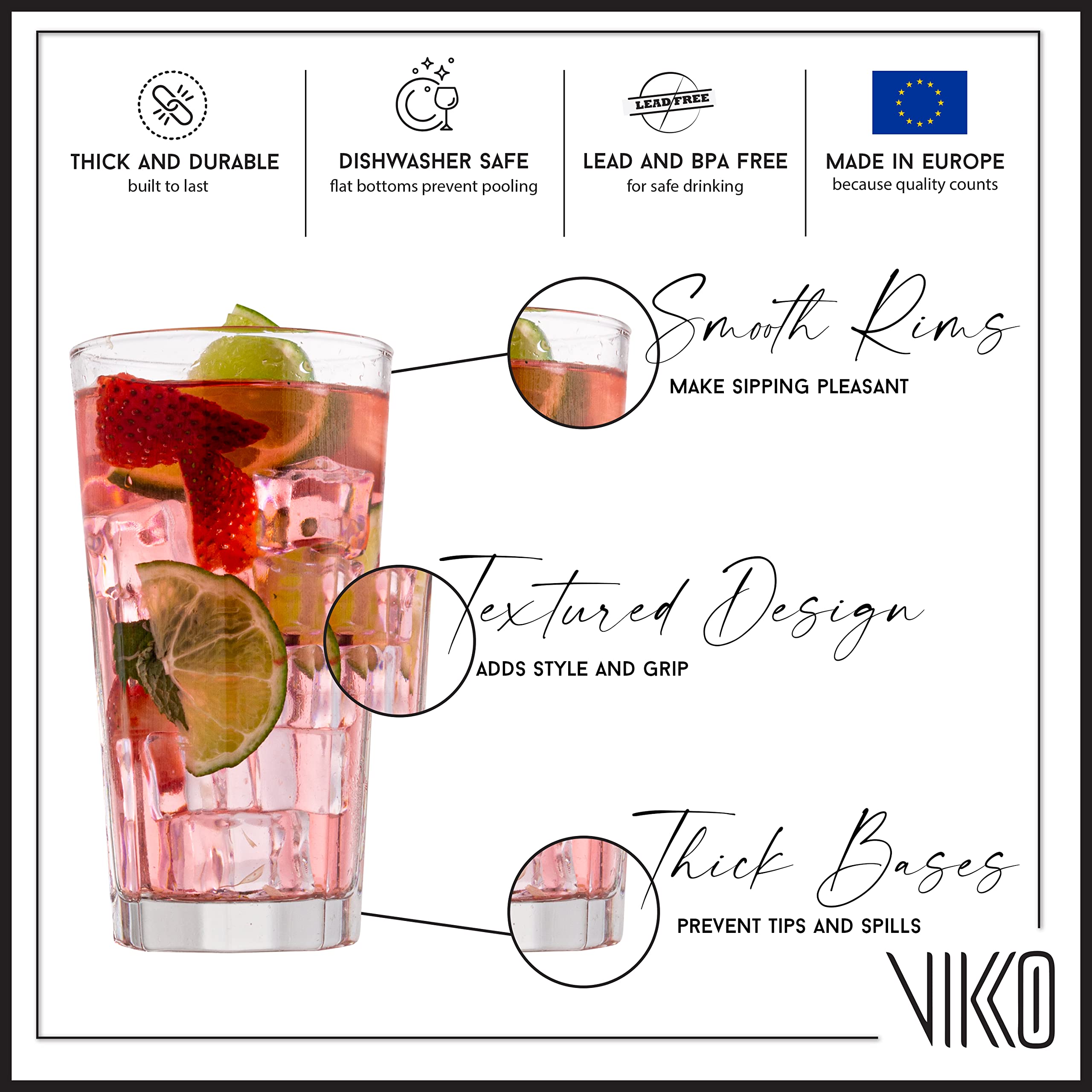 Vikko Drinking Glasses， Set of 6 Juice Glasses 9.5 Oz， Thick and Sturdy Kitchen Glasses， Dishwasher Safe Highball Glass Tumbler， Heavy Duty Cups， Water Glasses