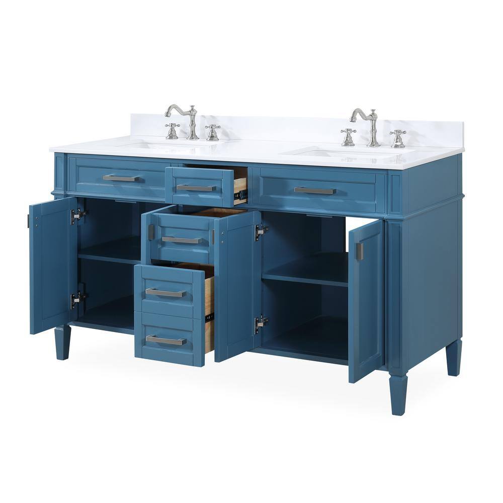 Benton Collection Durand 60 in. W x 22 in D. x 35 in. H Double sink Bath Vanity in Teal blue with ceramic sink and White quartz Top QT-1808D60TB-BS