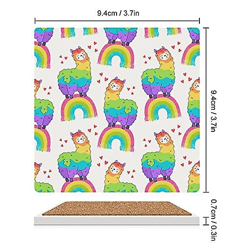 Colourlife Square Drink Coasters 4 Pcs Rainbow Llama Absorbent Ceramic Coffee Coasters For Drinks With Cork Base Housewarming Gift For Home Decor