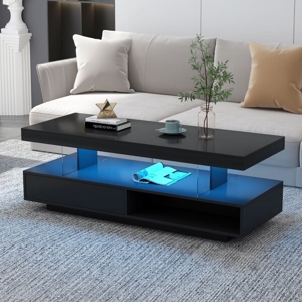 Modern Center Table with 2 Drawers LED Lights and Display Shelves