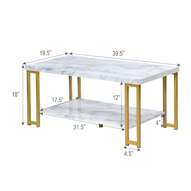 Modern Coffee Table Faux Marble Top Accent Cocktail Table W gold Metal Frame