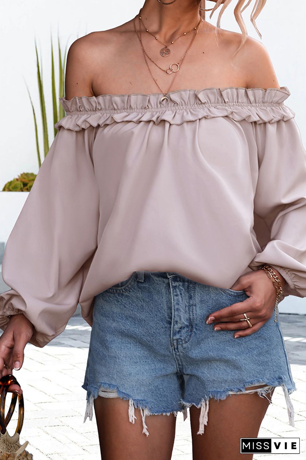 Off Shoulder Lantern Sleeves Plain Blouse