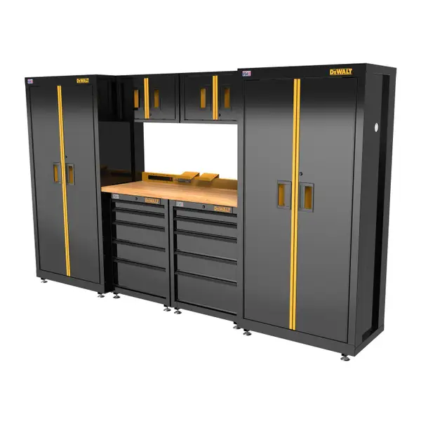 DEWALT 126 Wide， 7 Piece Welded Storage Suite with 2， 5-Drawer Base Cabinets and Wood Top