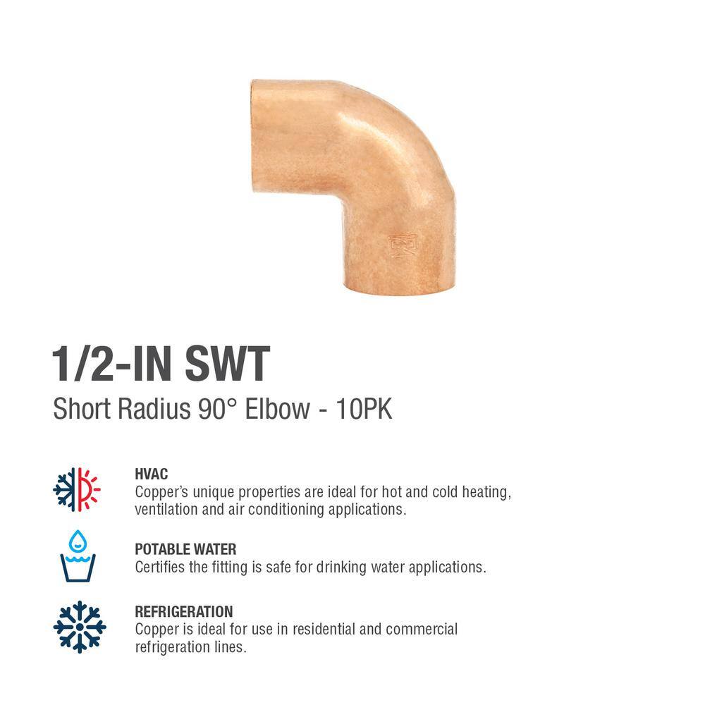 Everbilt 12 in. Copper Pressure 90-degree Cup x Cup Elbow Fitting (10-Pack) W 01622P10EB