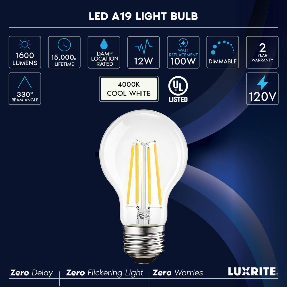 LUXRITE 100-Watt Equivalent A19 1600 Lumens Dimmable E26 Edison LED Light Bulb 12-Watt Damp Rated UL 4000K Cool White (6-Pack) LR21662-6PK