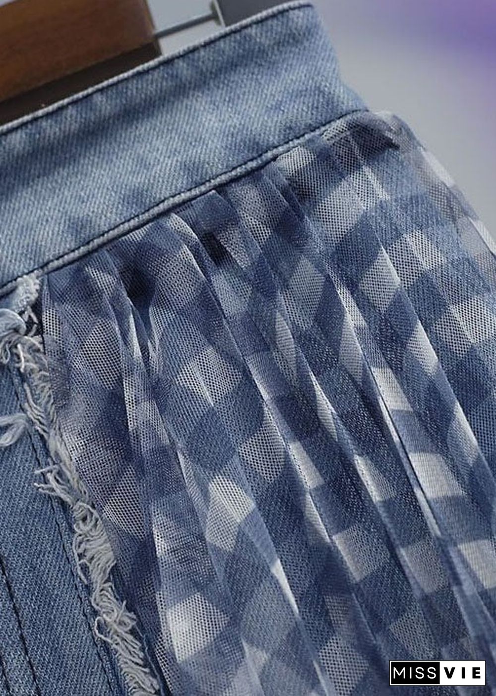 Vintage Blue Wrinkled Tulle Patchwork Denim Skirts Spring