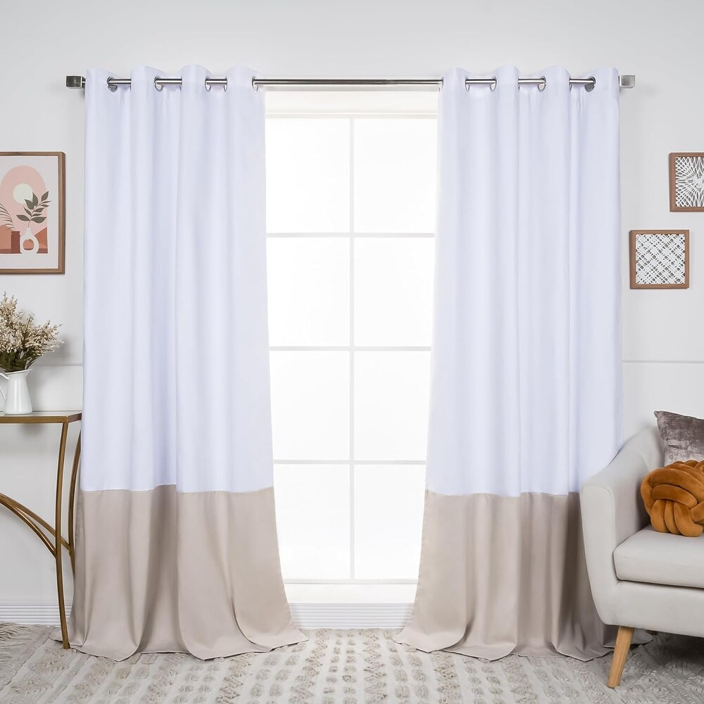 Color Blocked Cotton Blend Blackout Lined Grommet Curtains  Set of 2   84\