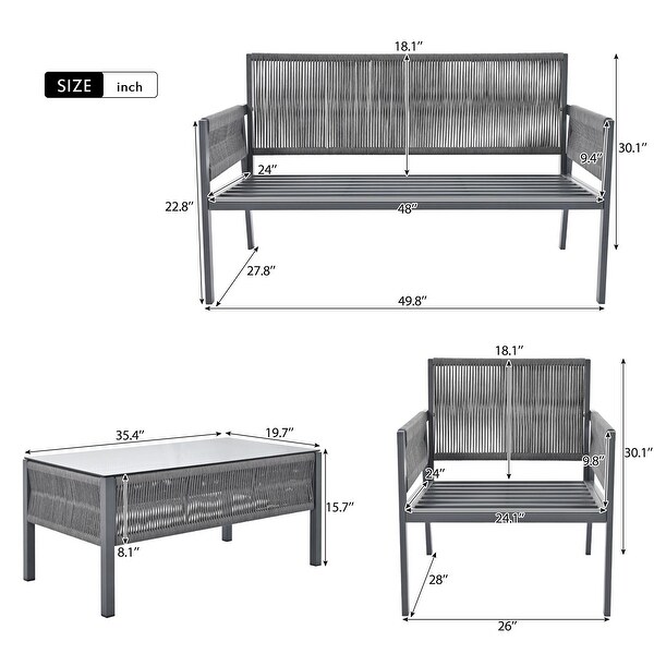 Rope Patio Conversation Set with Tempered Glass Table (4 Pieces)