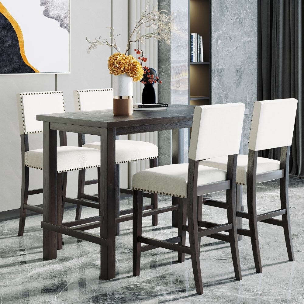 Moda Furnishings 5 Piece Counter Height Dining Set  Classic Elegant Table and 4 Chairs in Espresso and Beige