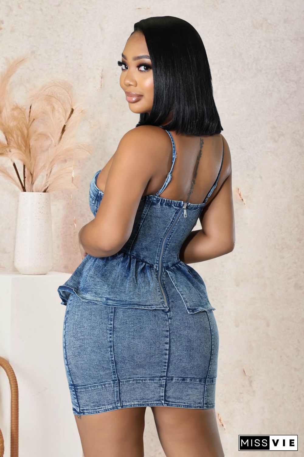 Ruffles Sexy Backless Bodycon Short Denim Dress