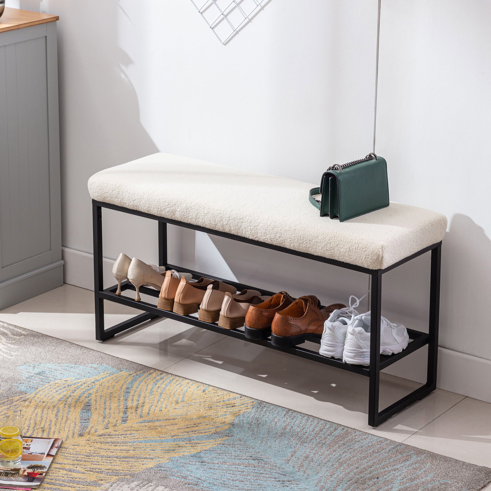 Zesthouse Entryway Shoe Storage Bench, Modern Boucle Bench Ottoman, Upholstered Bench for Bedroom Living Room, End of Bed Bench, White