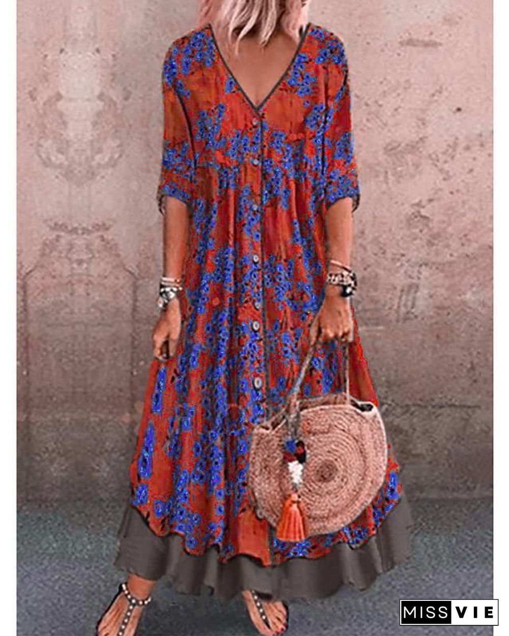 Women's A-Line Dress Maxi long Dress - Half Sleeve Floral Layered Button Print Spring & Summer Deep V Hot Casual Holiday vacation dresses Loose  Red Green Gray M L XL XXL 3XL