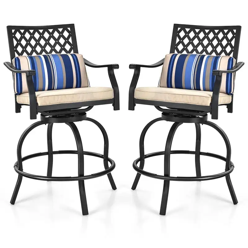 Set of 2 Patio Swivel Bar Stools Outdoor Bar Height Chairs with Soft Cushions & Steel Frame