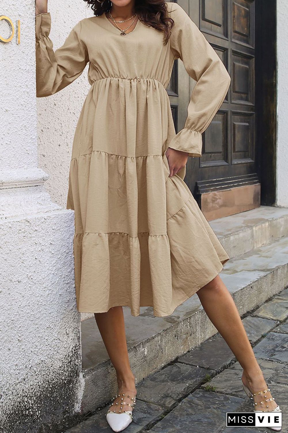 Plain V Neck High Waist Tiered Midi Dress