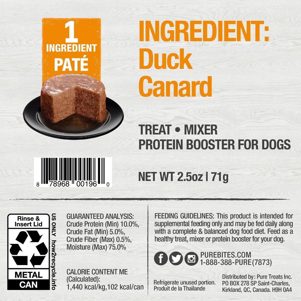 PureBites 100% Pure Duck Paté Dog Food Toppings， 2.5-oz can， 12 count