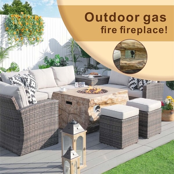 7piece Patio Wicker Garden Chat Sofa Set with Fire Pit and Storage Box