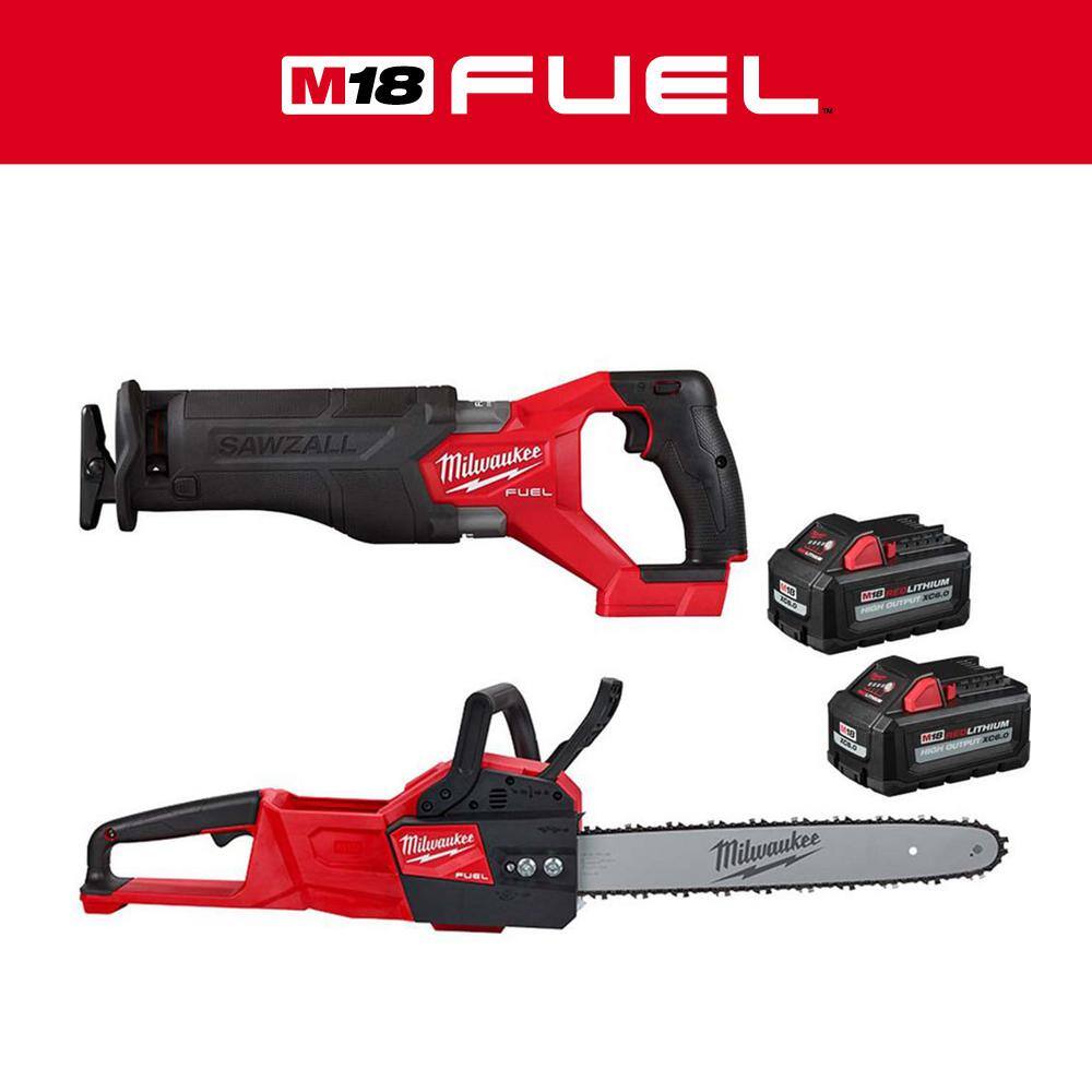 MW M18 FUEL GEN-2 18-Volt Lithium-Ion Brushless Cordless SAWZALL w16 in. 18-Volt FUEL Chainsaw Two 6 Ah HO Batteries 2821-20-2727-20-48-11-1862