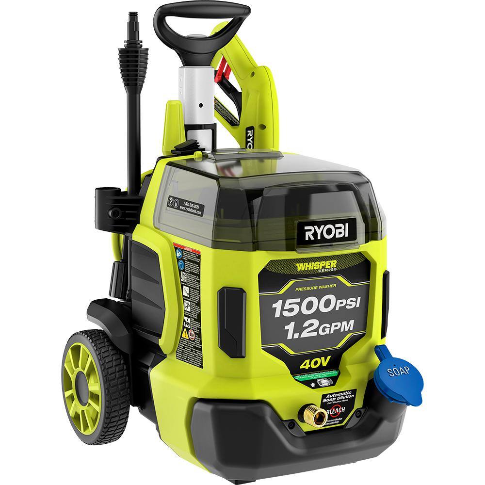 RYOBI 40V HP Brushless Whisper Series 1500 PSI 1.2 GPM Cold Water Electric Pressure Washer w (2) 6.0 Ah Batteries and Charger RY40PW15