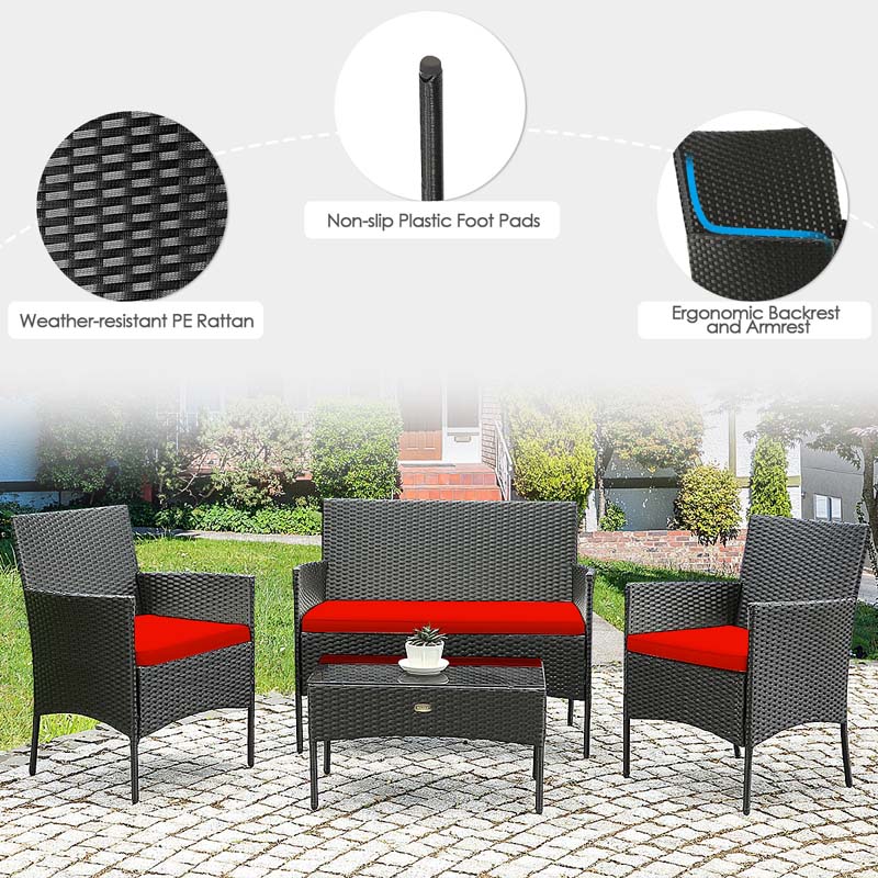 4 Pcs Rattan Patio Conversation Furniture Set Wicker Outdoor Sofa Set with Cushions & Coffee Table