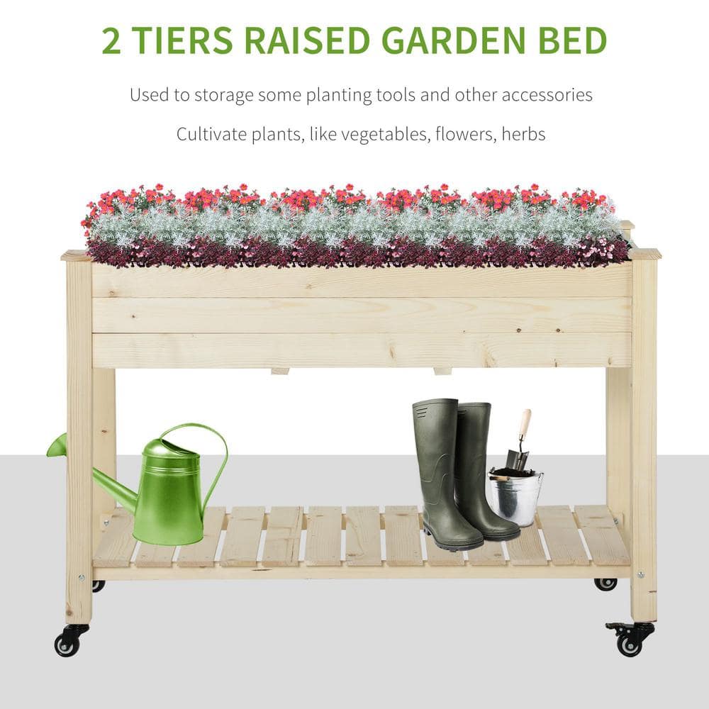 Outsunny Natural Wooden Raised Mobile Garden Bed with Non-Woven Bag 845-365