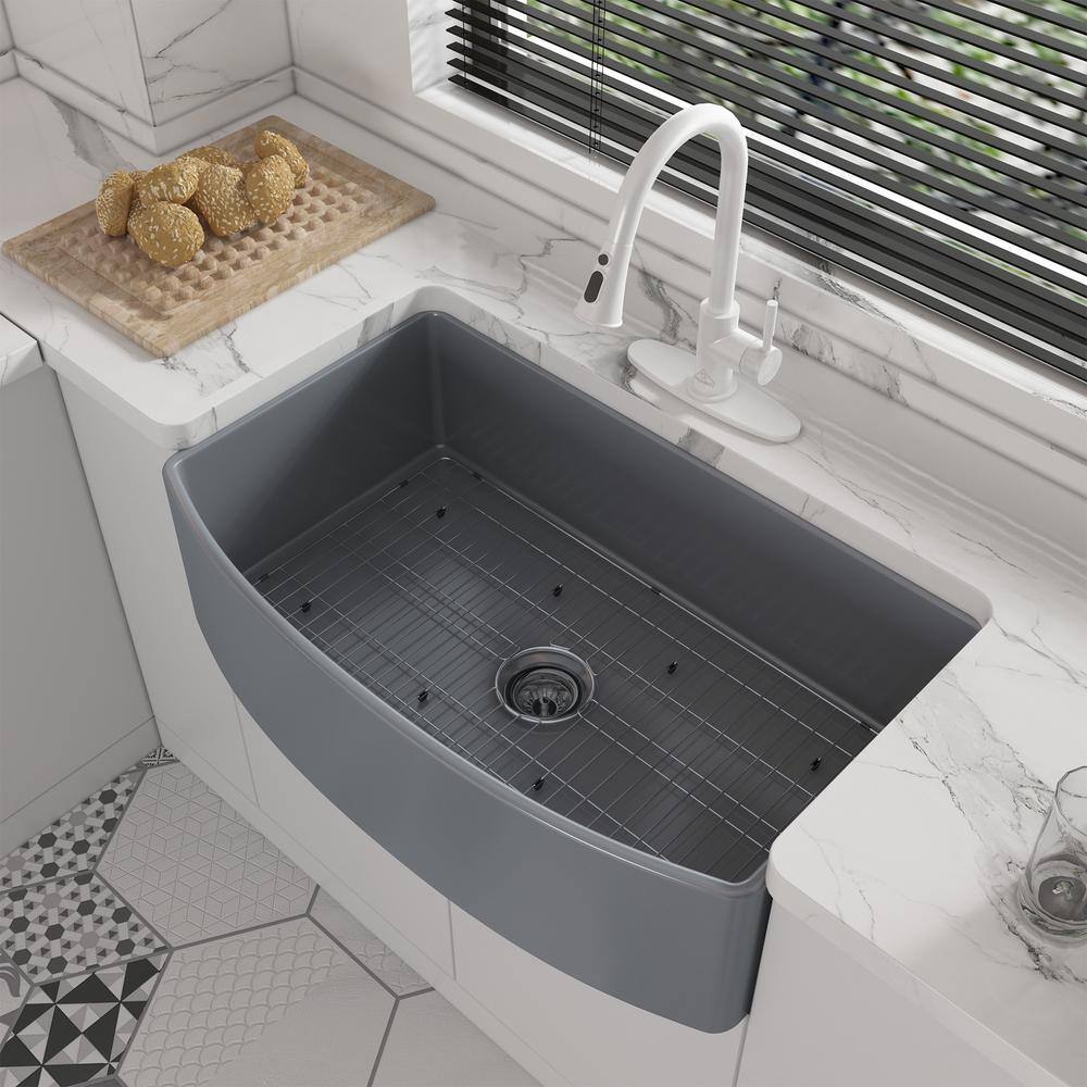 CASAINC 33 in. Farmhouse Apron Single Bowl Matte Gray Fireclay Curved Design Kitchen Sink with Bottom Grid and Strainer CA-SN3321-G