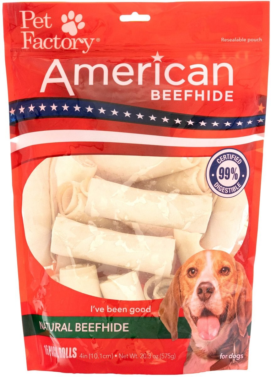 Pet Factory American Beefhide 4-inch Rolls Natural Flavored Chewy Dog Treats， 16 count