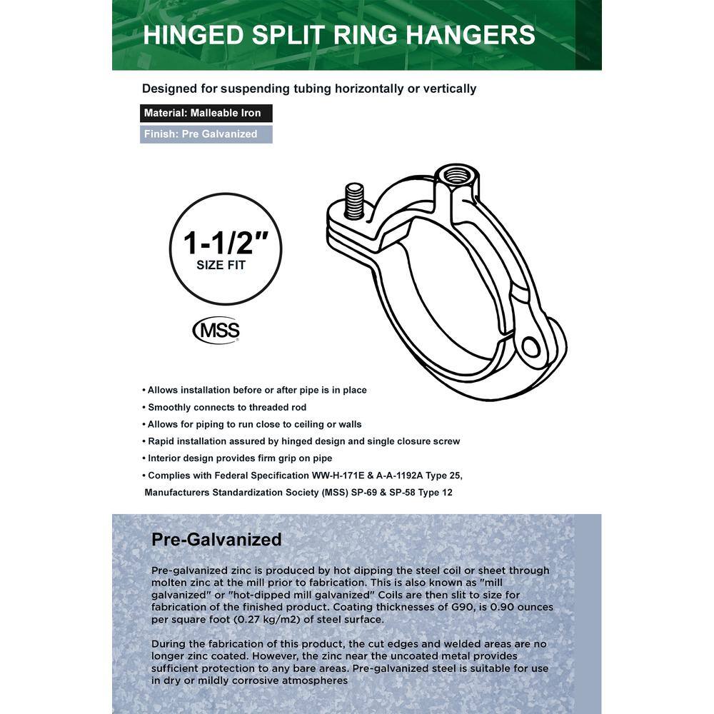 The Plumber's Choice 1-12 in. Hinged Split Ring Pipe Hanger in Galvanized Malleable Iron 112HSHG