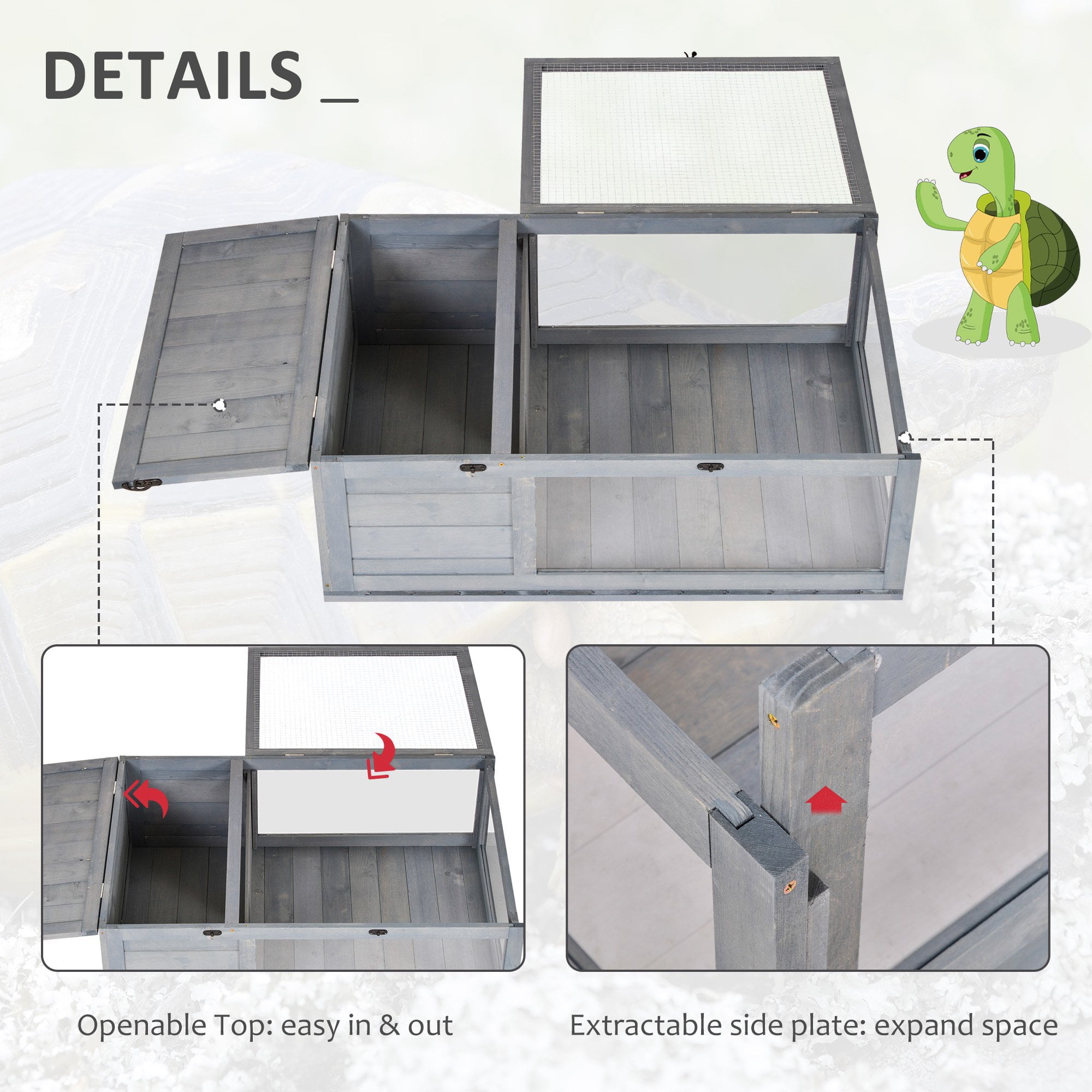 Pawhut Wood Tortoise House Indoor Outdoor Turtle Habitat Reptile Cage for Lizards， Geckos 36