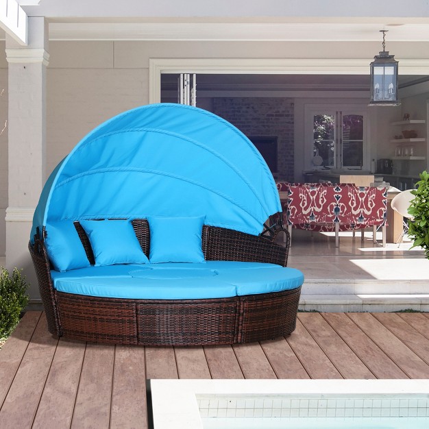 Outdoor Patio Round Daybed With Retractable Canopy 4 piece Wicker Clamshell Sectional Sofa With Cushions amp Ottoman Table Blue