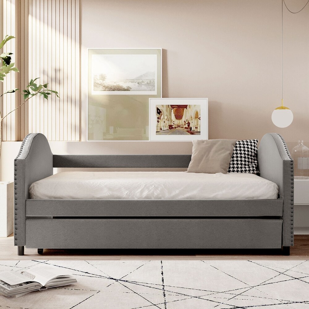 Full size Grey Upholstered Daybed with Twin Size Trundle