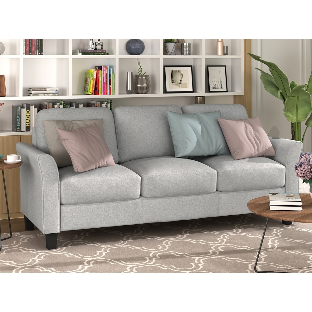 3 Seat Sofa Linen Fabric Upholstered Track Arms Couch with 2 Pillows and Hardwood Frame for Living Room  Need Simple Assembly