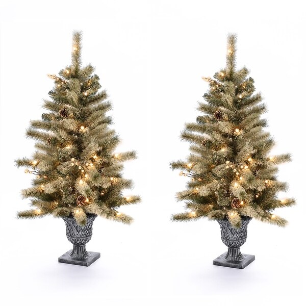 4Ft PreLit LED Artificial Flocked Pine Christmas Tree Potted (Set of 2)