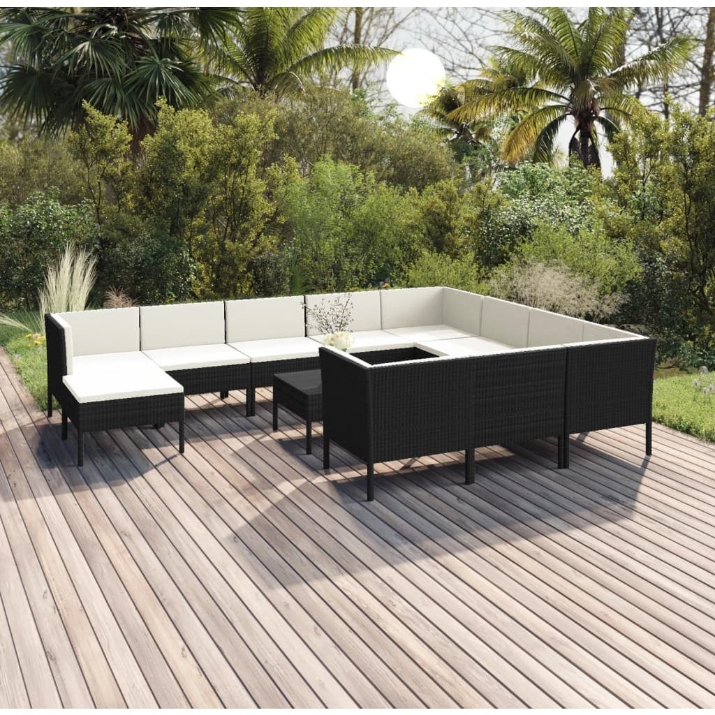 12 Piece Patio Lounge Set with Cushions Poly Rattan Black - Overstock - 36364754