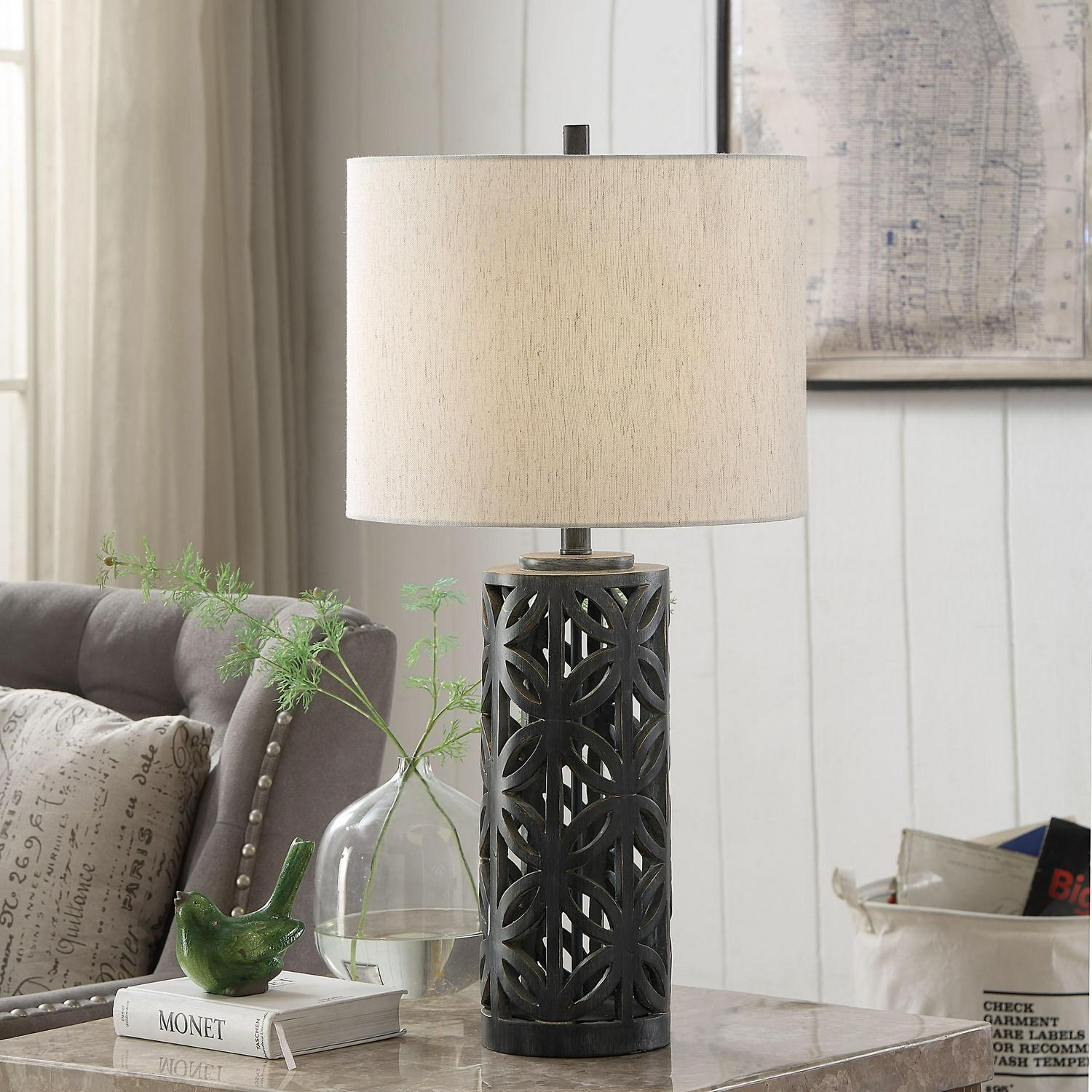 Aasha Malta Black Table Lamp Black Ceramic Finish， Heathered Oatmeal Fabric Shade