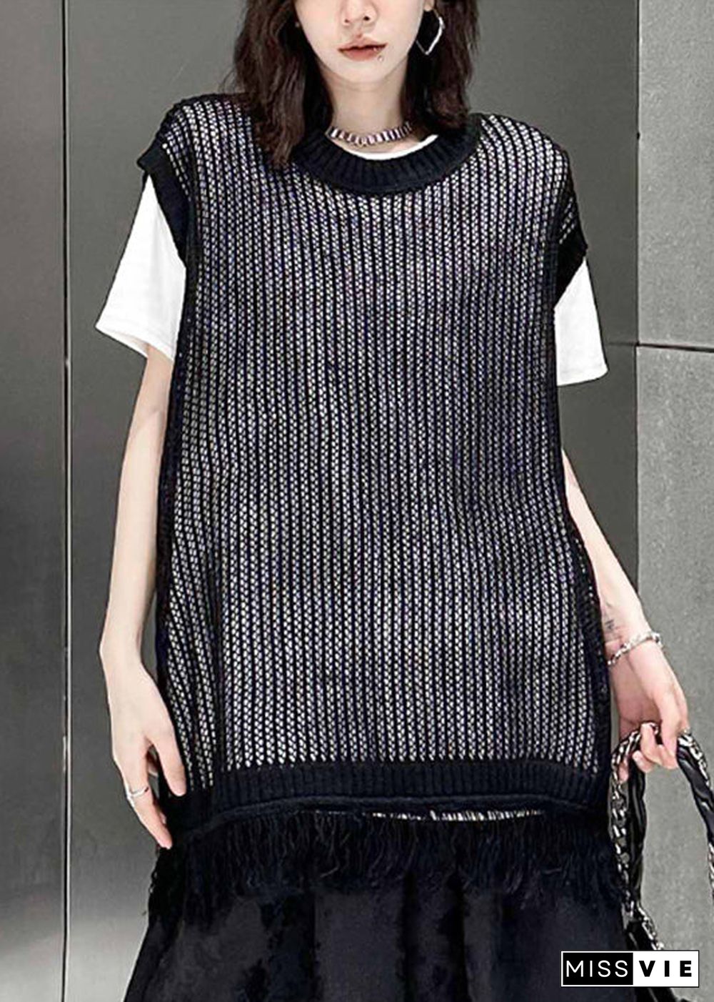 Plus Size Black O Neck Tasseled Patchwork Knitting Cotton Waistcoat Sleeveless