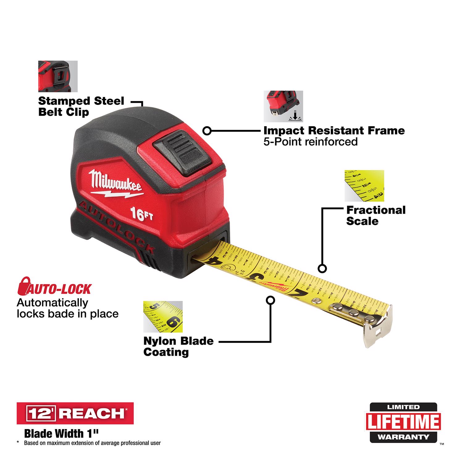 Milwaukee 16 ft. L X 1.88 in. W Compact Auto Lock Tape Measure 1 pk