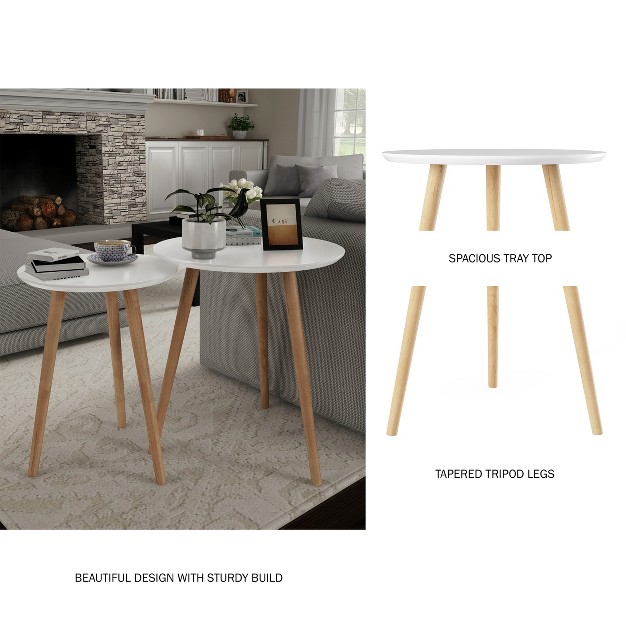 Hastings Home Nesting End Tables Mid century Modern Wood Accent Table With Circular Top Set Of 2 White natural