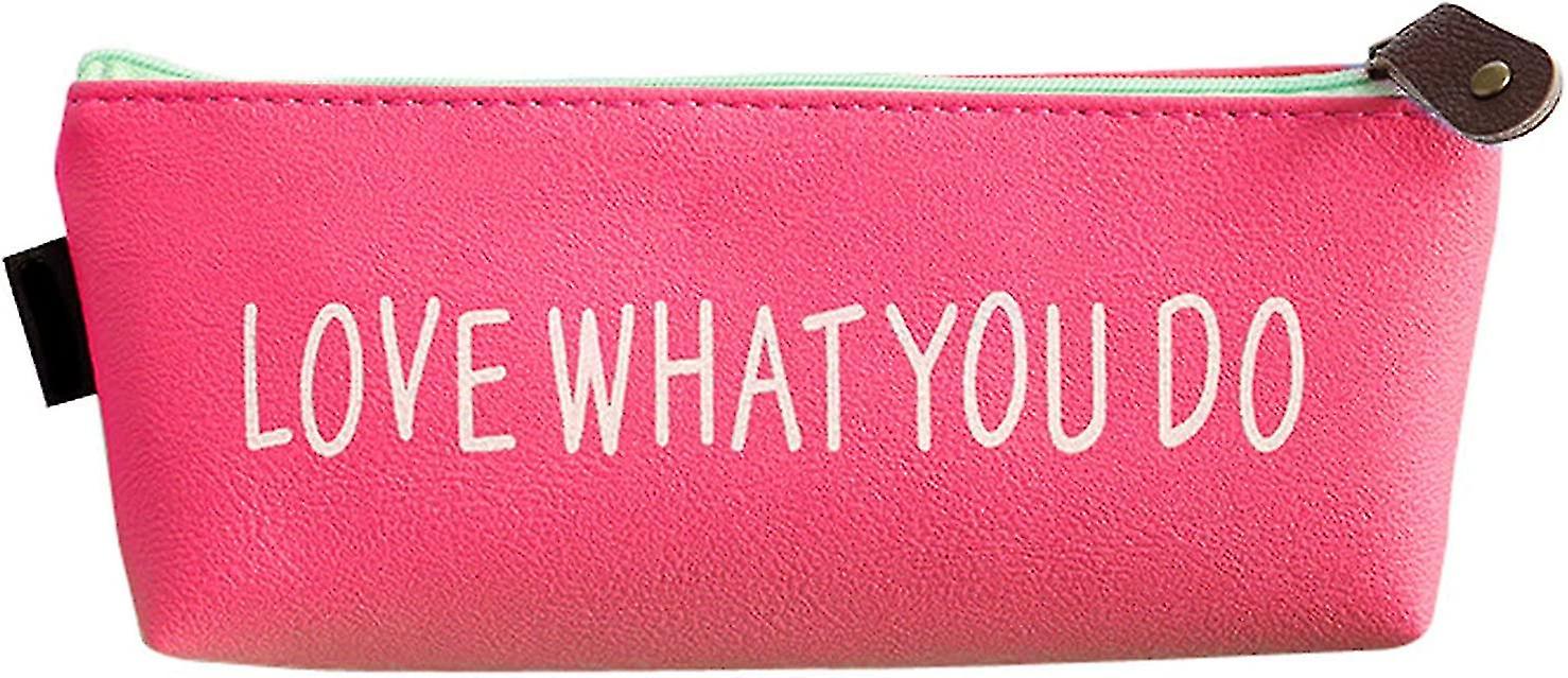 Veeki Leather Pencil Case With Zipper， Pencil Pouch Letter Pattern Stationery Case For Student Trader And Artist Home Work Office - Rose Red