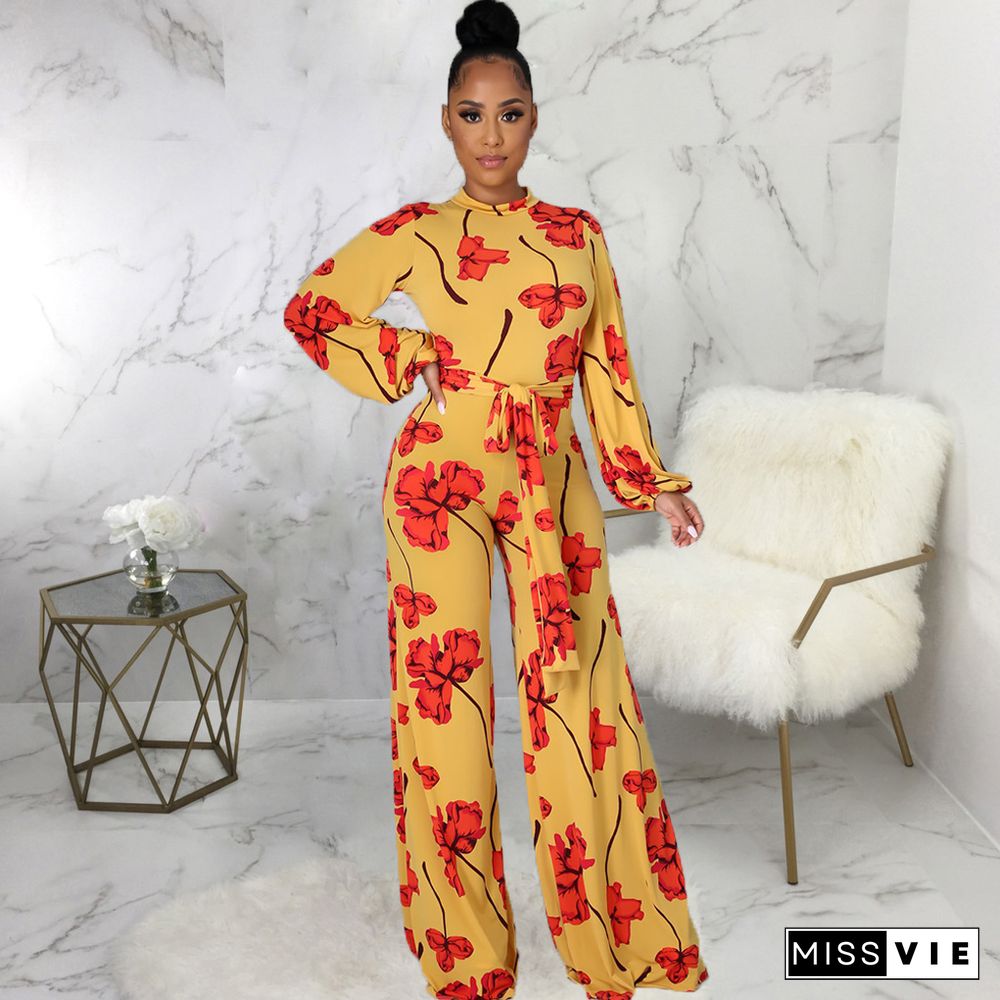 Fashion Digital Printing Spring Autumn O-Neck Long Sleeve Belted One Piece Wide Leg Jumpsuit