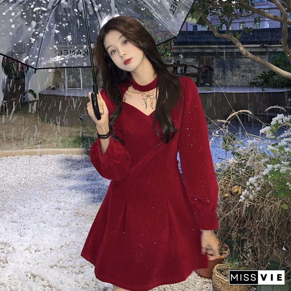 Spring Autumn Sexy Christmas Flash Powder Red Dress Women Long Sleeve Off Shoulder Mini Dress Korean Fashion Lady Dress New