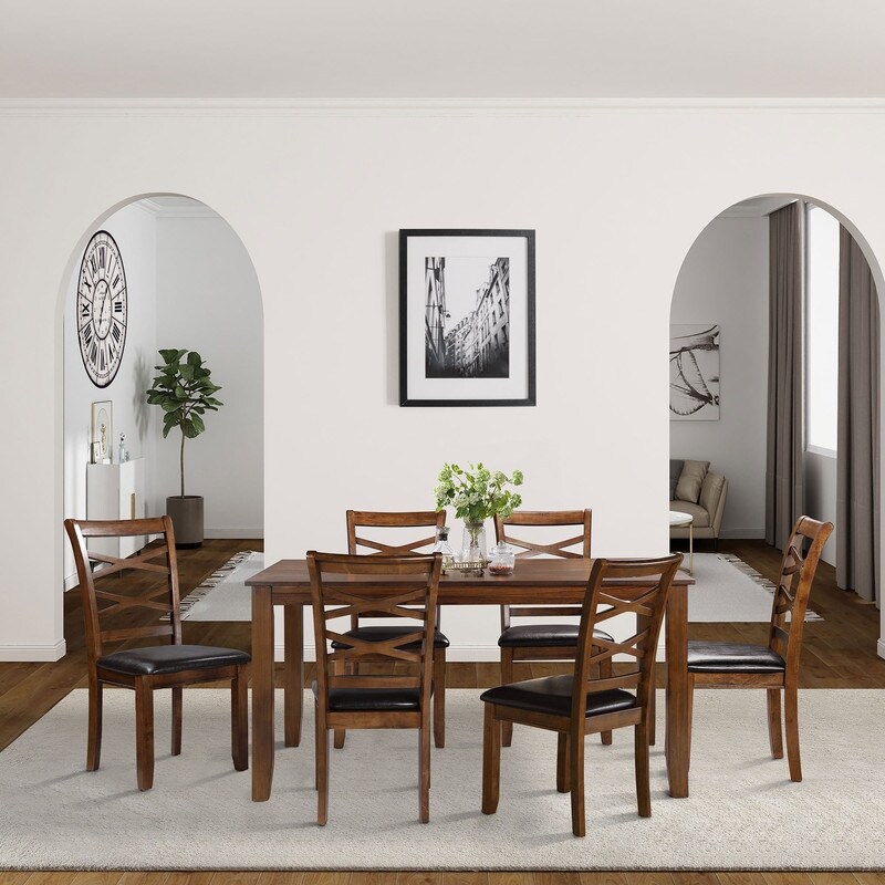 Classic Farmhouse Solid Wood/ Faux Leather 7 piece Rectangle Dining Set