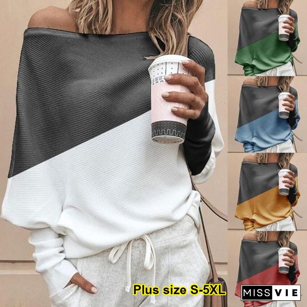 Fashion Women's Sweater Stitching Off-Shoulder Knit Long Sleeve T-Shirt Top Plus Size S-5XL