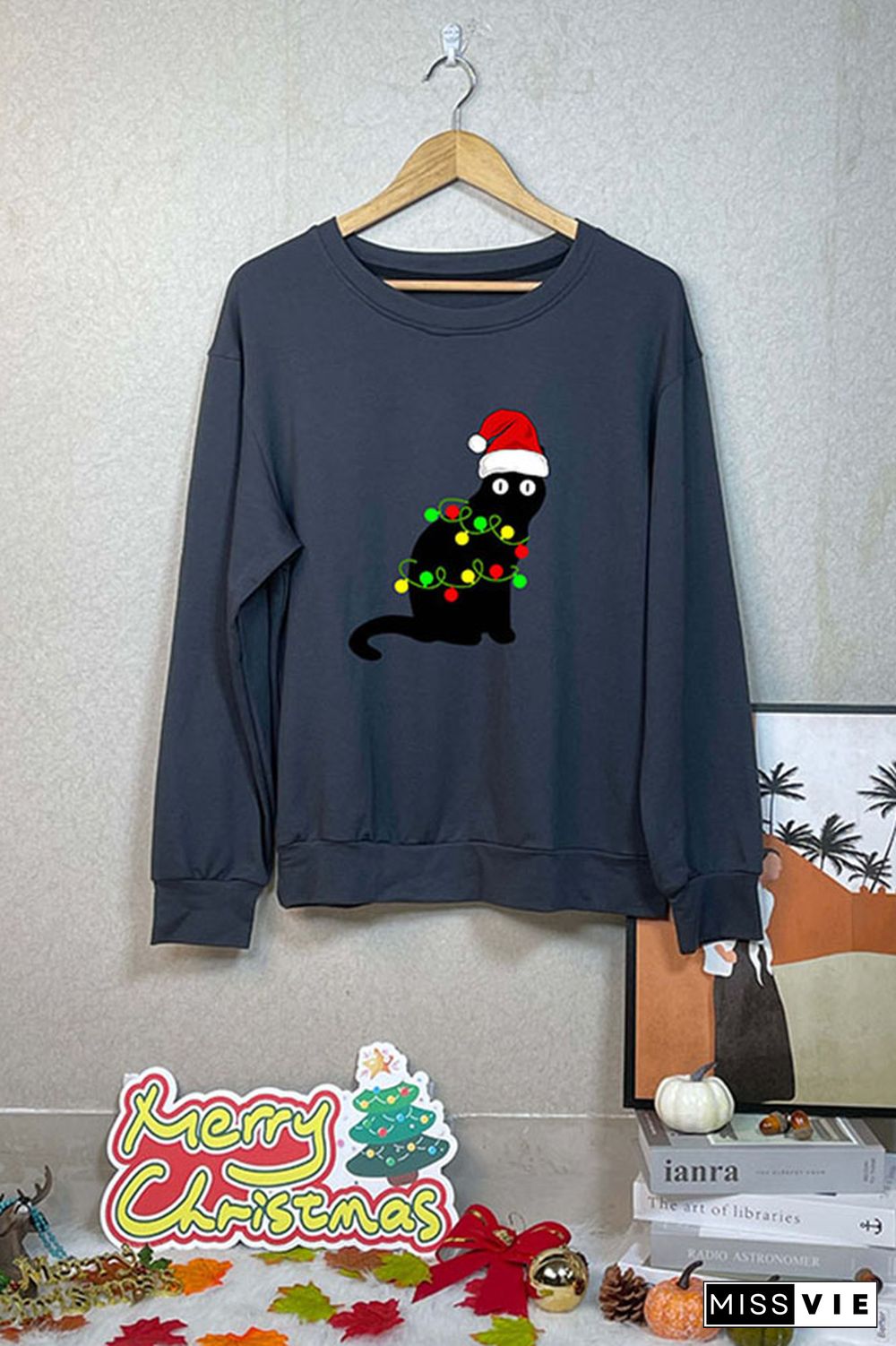 Black Santa Cat Tangled Up In Lights Christmas Santa Sweatshirt Wholesale