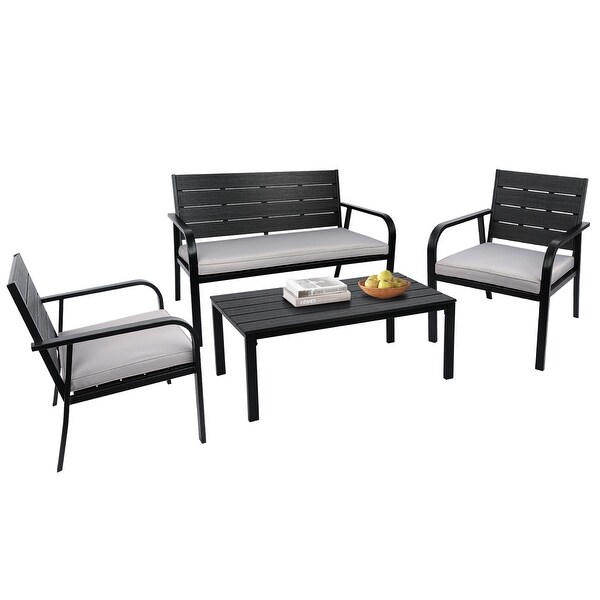 4 Pieces Patio Garden Sofa Conversation Set Steel Frame Loveseat All Weather Outdoor Furniture Set with Cushions Coffee Table - Overstock - 37840688