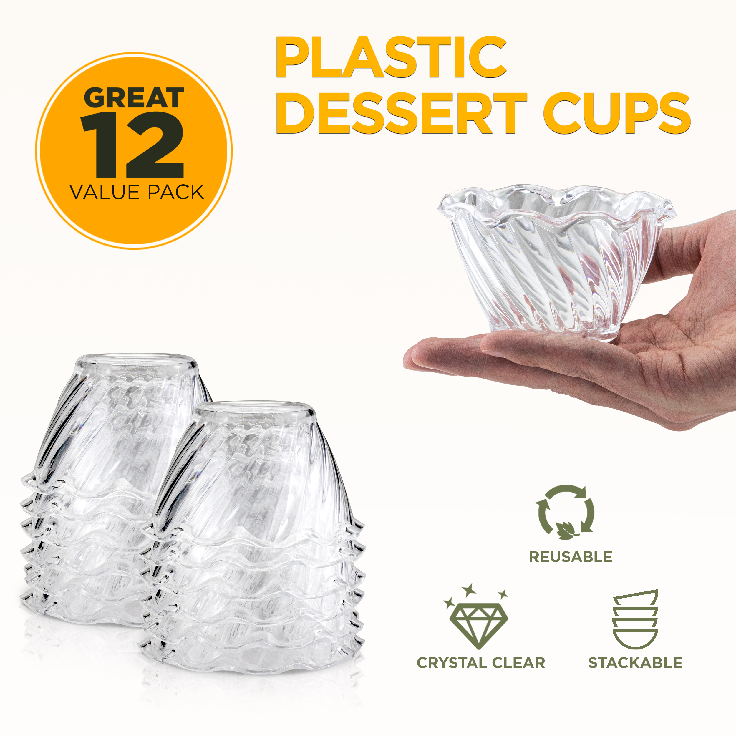 [12 Pack] 5 oz Plastic Dessert Cups - Clear Mini Ice Cream Sundae Tasting Bowls， Individual Swirl Tulip Shape Dish Holder， Salad Appetizer Chocolate Candy Serving in Party Buffet， Commercial Home Use