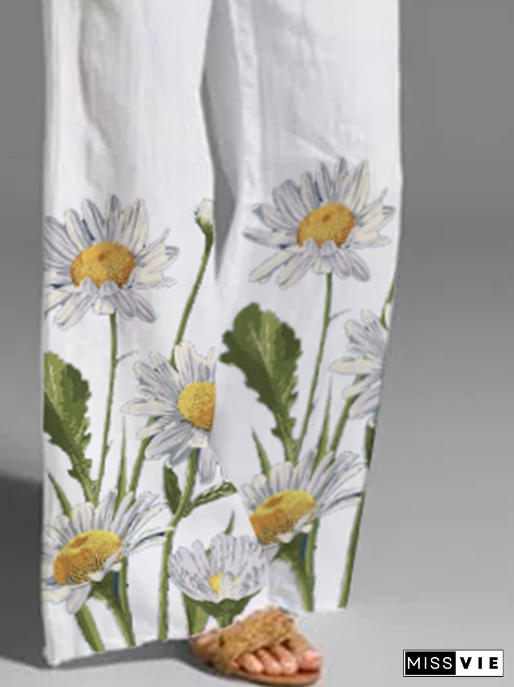 White Floral Holiday Cotton Pants