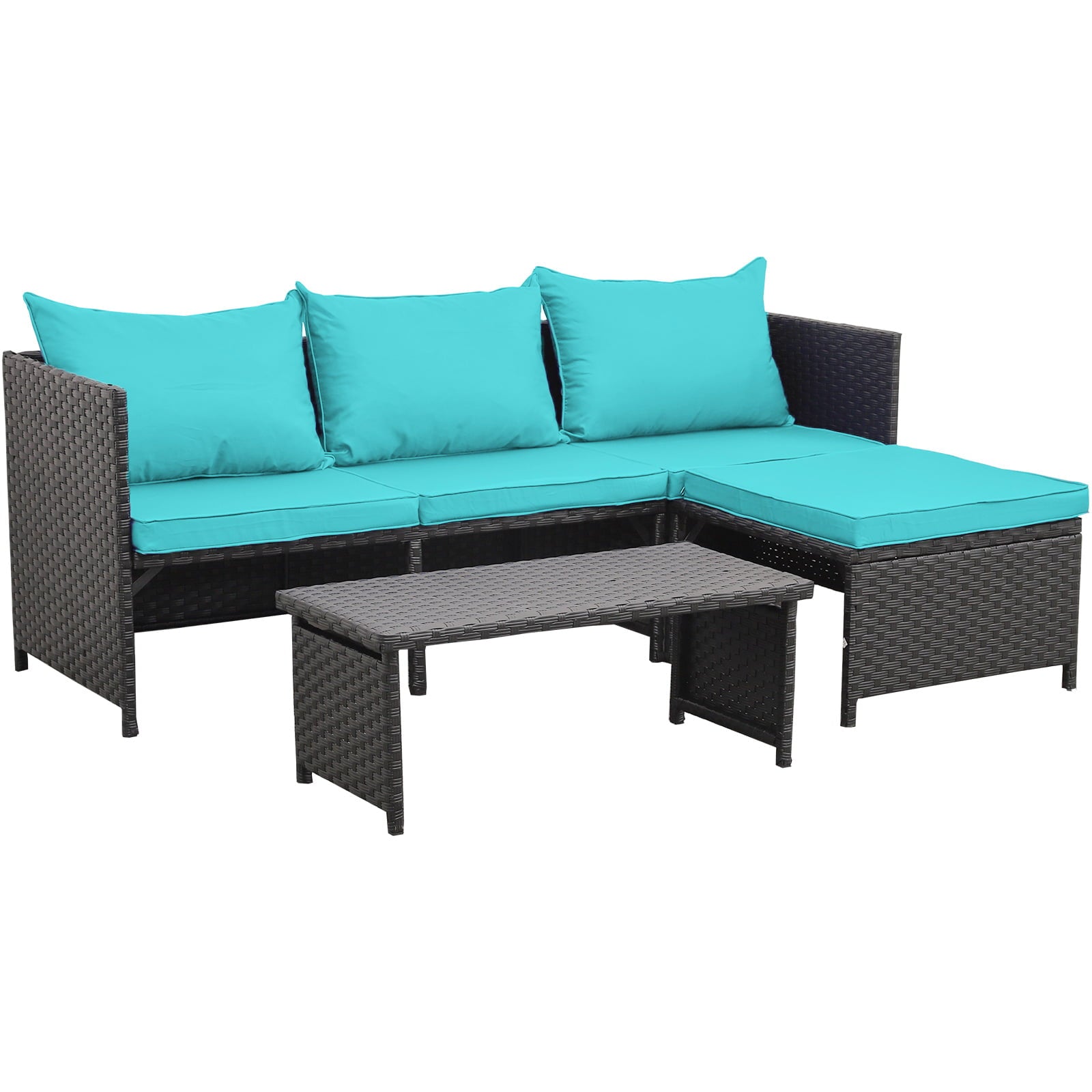 Waroom 3 Pieces Patio Conversation Sets Outdoor Wicker Furniture Chairs Loveseat Sofa,Turquoise,Powder Coated Steel