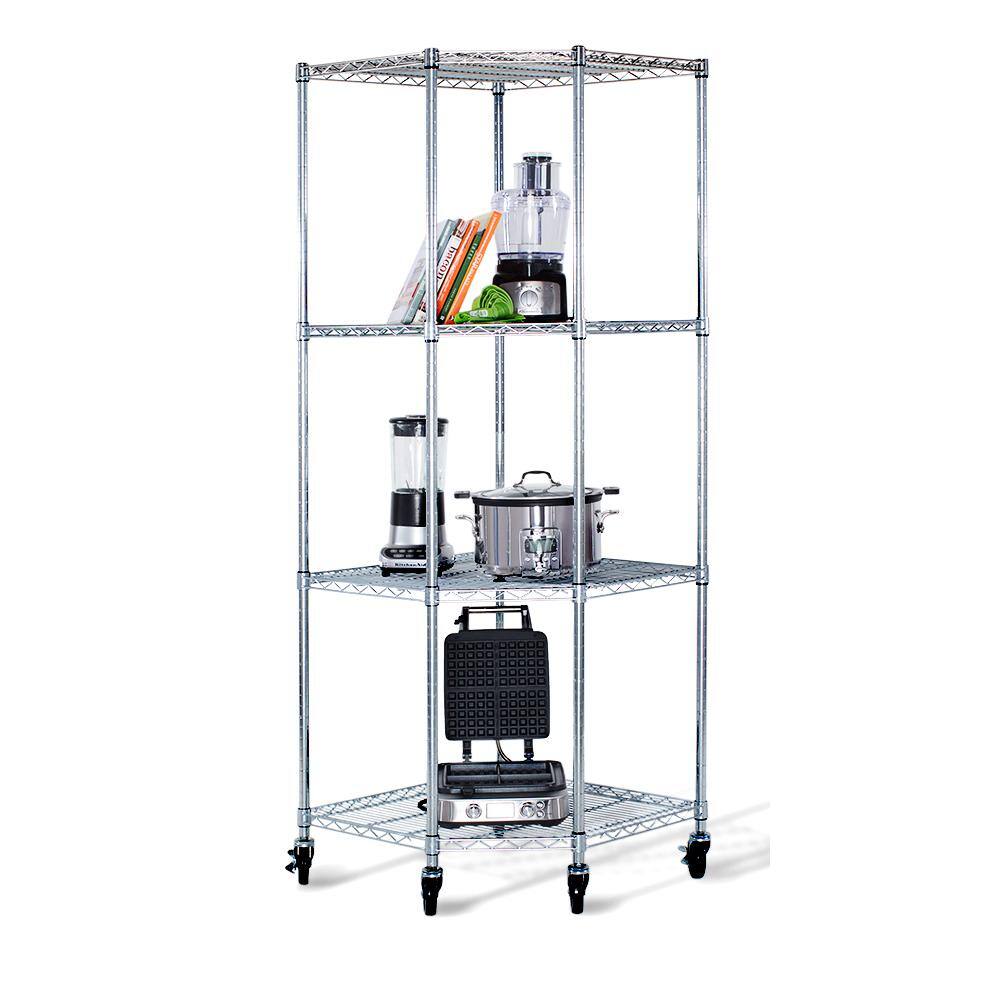 TRINITY EcoStorage Chrome 4-Tier Rolling Corner Steel Wire Shelving Unit (27 in. W x 77 in. H x 18 in. D) TBFZ-0909