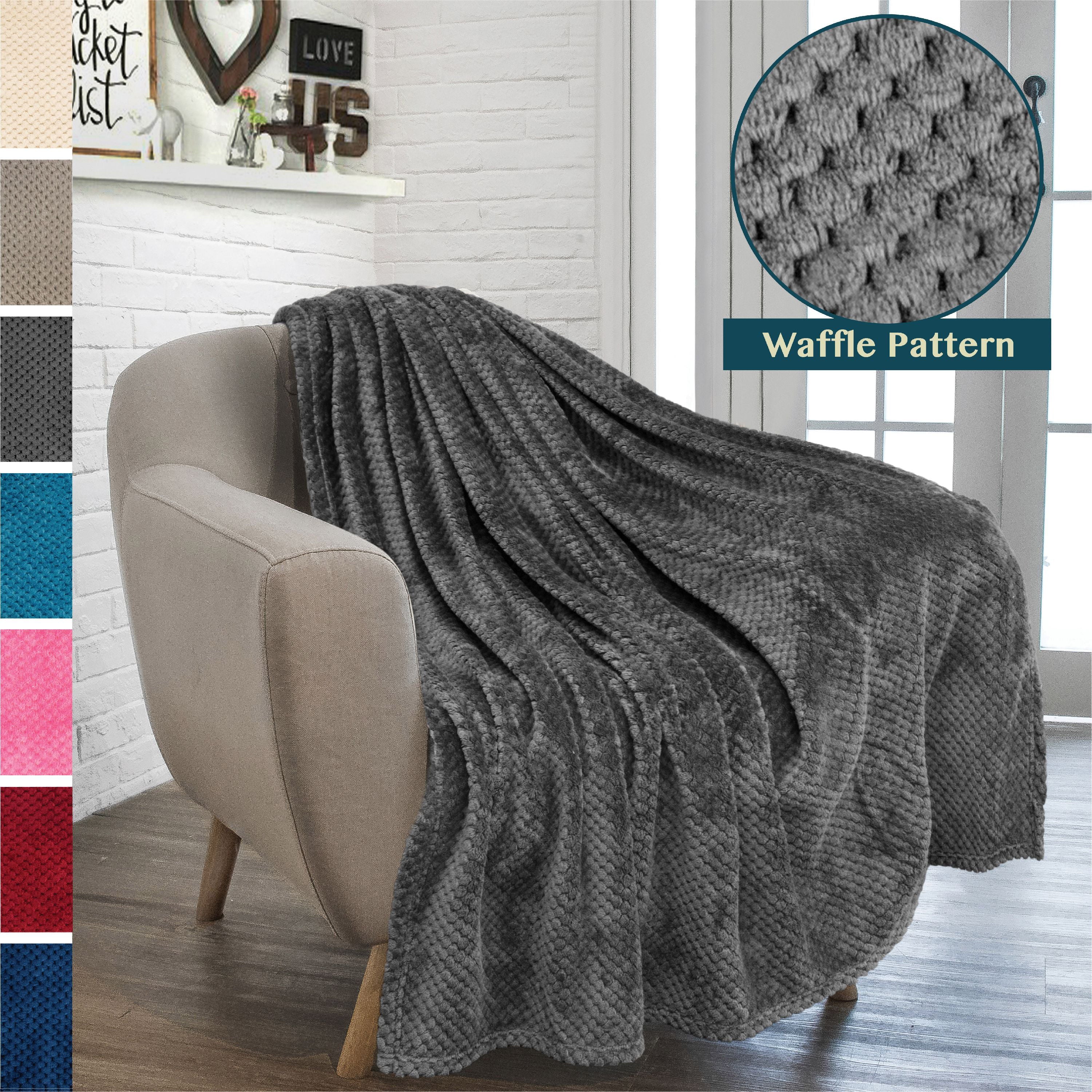 Premium Flannel Fleece Throw Blanket For Sofa Couch | Charcoal Dark Grey Waffle Textured Soft Fuzzy Throw | Warm Cozy Microfiber | Lightweight， All Season Use | 50 x 60 Inches